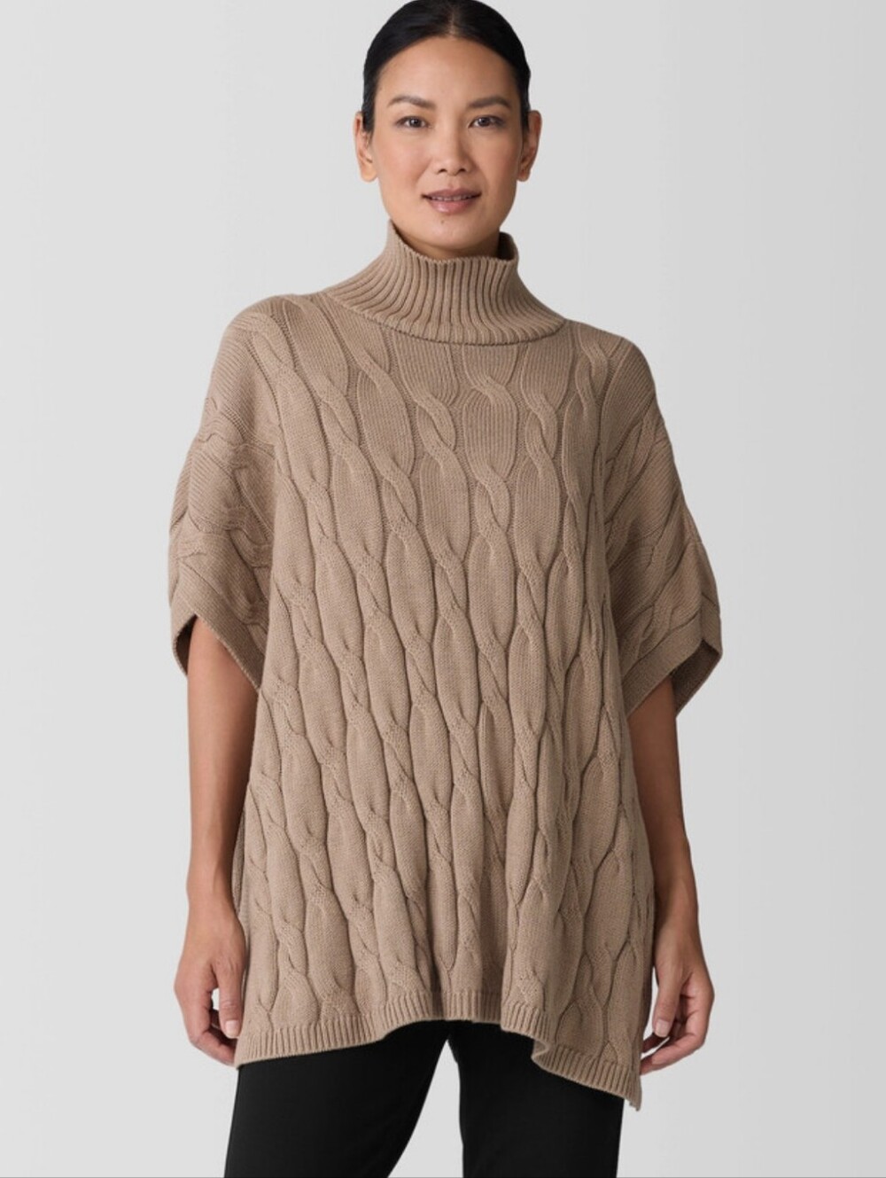 NWT Eileen Fisher Peruvian Organic Cotton Alpaca Cable Knit High Neck Poncho Tan